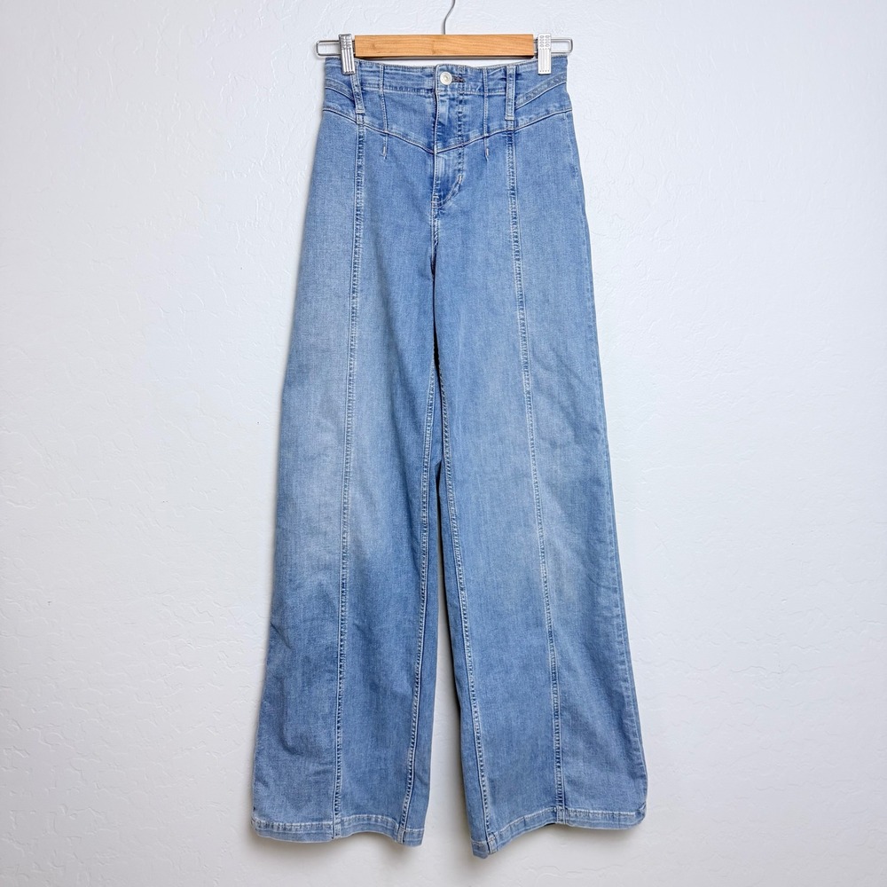 We The Free Free People Womens 25 High Rise Wide Leg Seamed Jeans Med Wash Blue